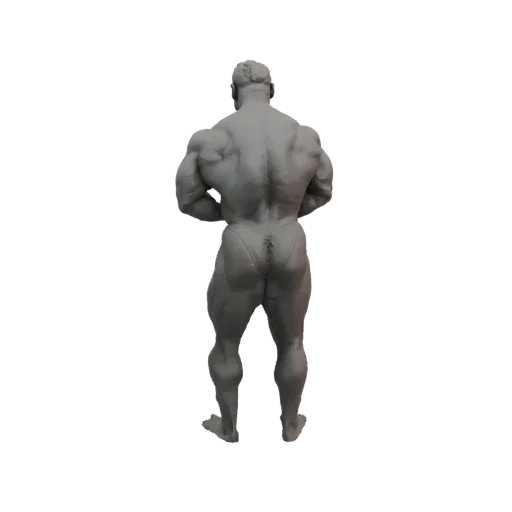 Rear view of a highly detailed 3D model of a muscular bodybuilder in a classic back pose, showcasing defined muscles.