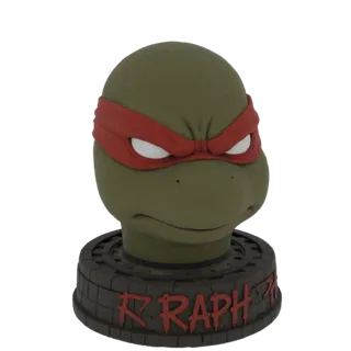 Render de modelo 3D del busto de Raphael de las Tortugas Ninja Adolescentes Mutantes, con bandana roja y montado sobre una ba