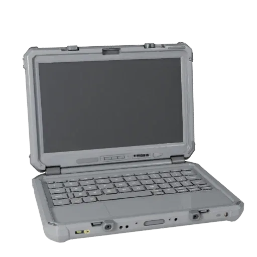 Rugged Tablet Computer Product Viz 3D model, three-quarter studio product render, showing brushed metal, open lid angle.