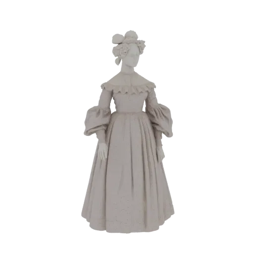 3D model of a stone statue of a Victorian lady in an elegant dress, with detailed ruffles and voluminous sleeves.