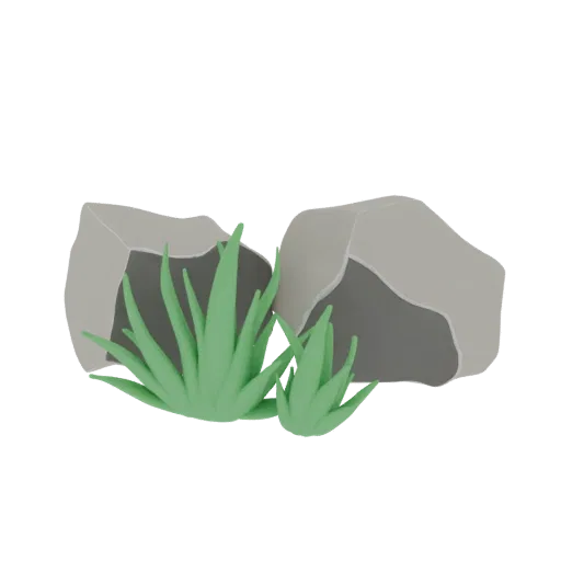 A 3D render of two smooth grey rocks with stylized green grass growing around their base, isolated on a white background.