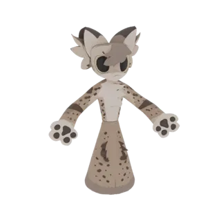 Un rendering 3D di un personaggio felino maculato stilizzato con occhi grandi e braccia tese, presentato su uno sfondo bianco