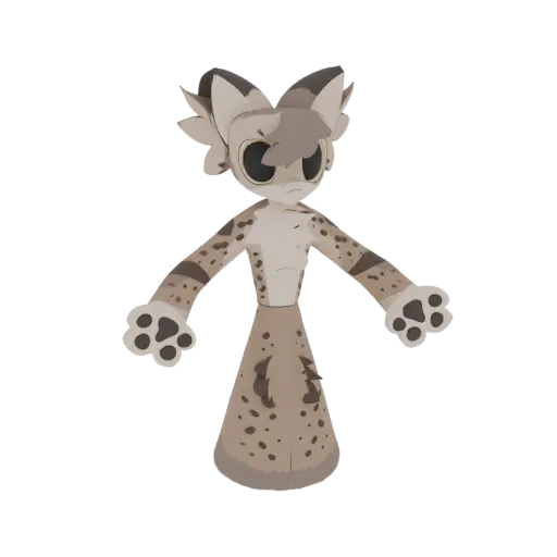 Una renderización 3D de un personaje felino manchado estilizado con ojos grandes y brazos extendidos, presentado sobre un fon