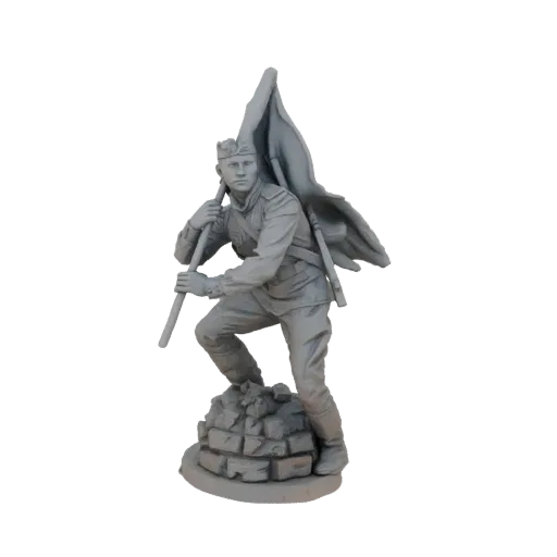 3D model of a gray Soviet soldier figure holding a flag, standing on a rubble base.