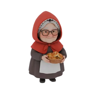 Modello 3D di una nonna sorridente con cappuccio e grembiule rossi, che tiene un cesto di panini.
