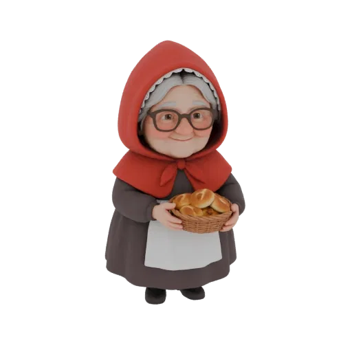 3D model of a smiling grandmother wearing a red hood and apron, holding a basket of buns.