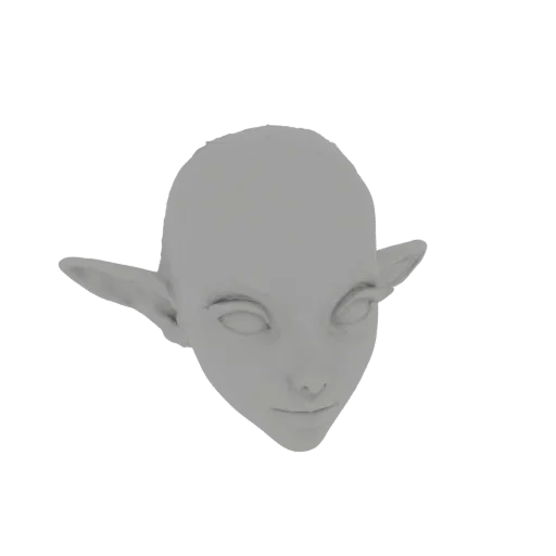 3D model render of a neutral gray fantasy elf head with pointed ears and delicate facial features, isolated on a white backgr