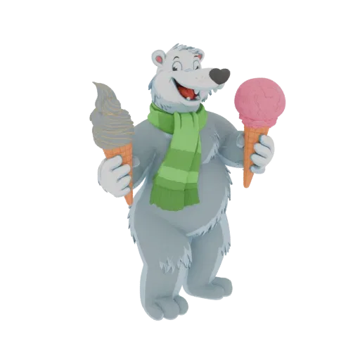 3D model of a happy, cartoonish polar bear wearing a green scarf and holding a pink and a grey ice cream cone.