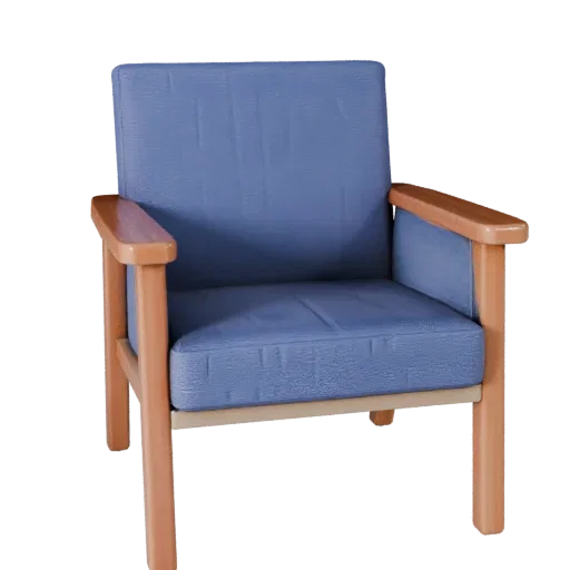 Scandinavian Accent Chair Low Poly 3D model, home interior, game viewport three-quarter view, wood detail.