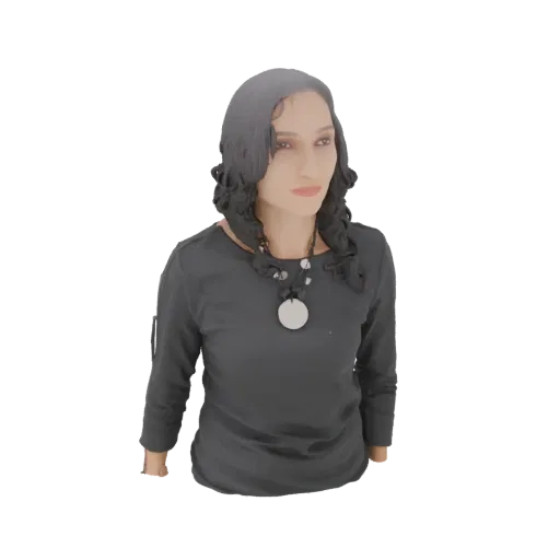 3D model of a woman with dark braided hair, wearing a dark long-sleeved shirt and a pendant necklace, viewed from the front.