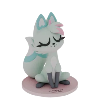 3D-Modell einer niedlichen, mintgrünen Fuchsfigur in meditativer Pose mit geschlossenen Augen, auf einem rosa Sockel.