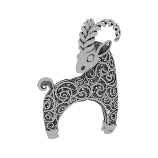 3D model of a ram pendant with intricate filigree patterns on its body and braided horns, presented on a white background.