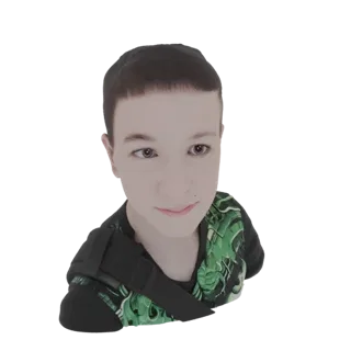 Modelo 3D de un niño con pelo castaño corto, vistiendo una camiseta negra con estampado gráfico verde y una correa negra en e