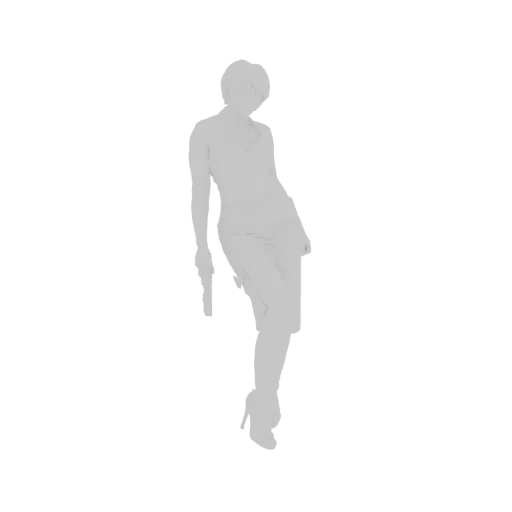 3D model of a female agent in a dynamic pose, holding a pistol, rendered in grayscale.
