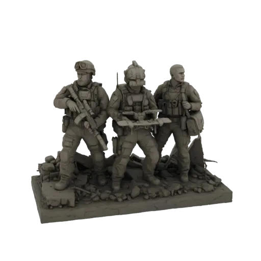3D model render of three modern soldiers in tactical gear standing on a diorama base with rubble and debris.