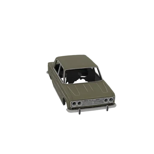 3D model of a vintage olive green sedan, viewed from a three-quarter front angle against a white background.