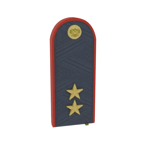 3D model of a Russian police shoulder board with two gold stars and a central emblem, set against a black background.