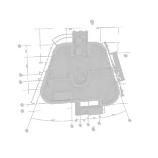 Renderização 3D de cima para baixo de um modelo arquitetônico de pavilhão modernista, mostrando sua estrutura curva única e o