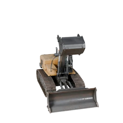 Mining Bulldozer Realistic 3D model, three-quarter studio render, showing painted steel, large mechanical silhouettes.