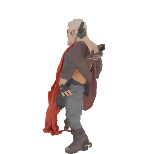 3D model of a cyberpunk warrior with a red cape, cybernetic arm, and tactical gear, viewed from the side.