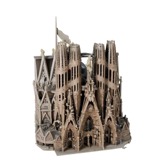 نموذج ثلاثي الأبعاد لـ Sagrada Familia جاهز لـ Unity، نافذة عرض محرك Unity، تظهر مواد هيكلية للمعالم وتفاصيل معمارية