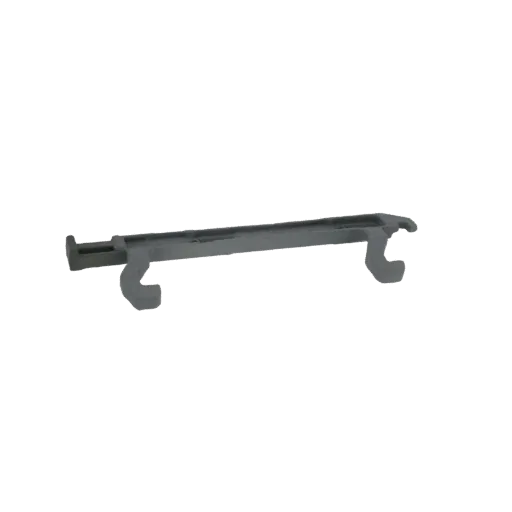 3D model render of a gray plastic adjustable shelf bracket with a hook design