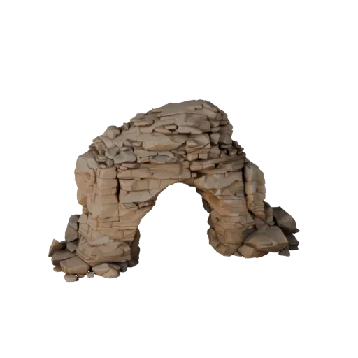 Sandstone Arch Rock Unreal Engine 3D model, top-down viewport view, showing stratified stone, dune ridges.