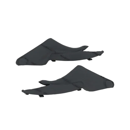 Un rendering 3D di due sculture astratte grigio scuro a forma di ali stilizzate, presentate su uno sfondo nero.
