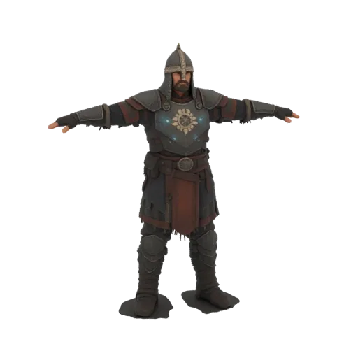 3D model of a fantasy warrior in full armor, featuring a helmet and a glowing sun emblem on the chest plate, posed with arms
