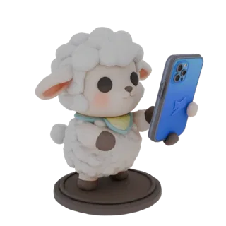 Modelo 3D de ovejita adorable estilo caricatura, sosteniendo un smartphone azul en sus patas, sobre un pedestal gris.