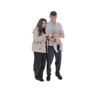 3D model of a smiling man and woman holding a baby, presented against a white background.
