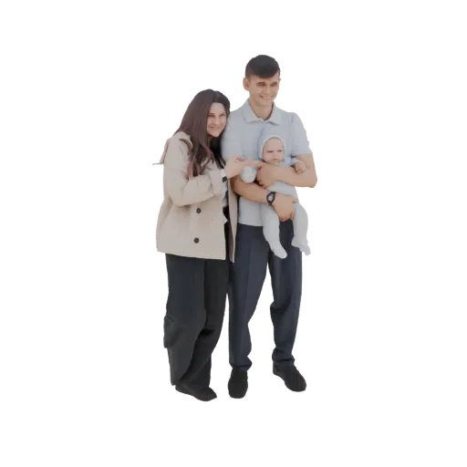 Modelo 3D de um homem e uma mulher sorrindo segurando um bebê, apresentado contra um fundo branco.