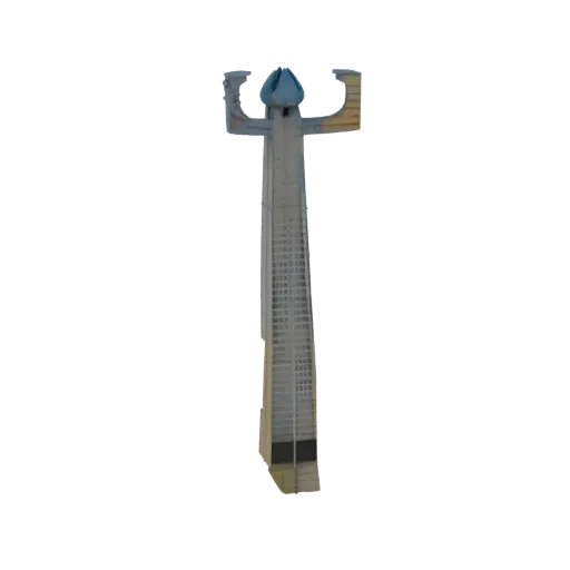 3D model of a tall, futuristic skyscraper with a distinctive blue tulip-shaped crown against a black background.
