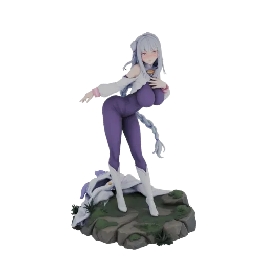 Modelo 3D de chica anime en body morado y capa blanca, posando sobre base rocosa.
