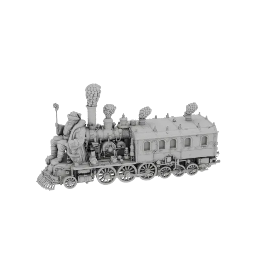 3D model of a vintage steam locomotive with Santa Claus driving, set against a white background.
