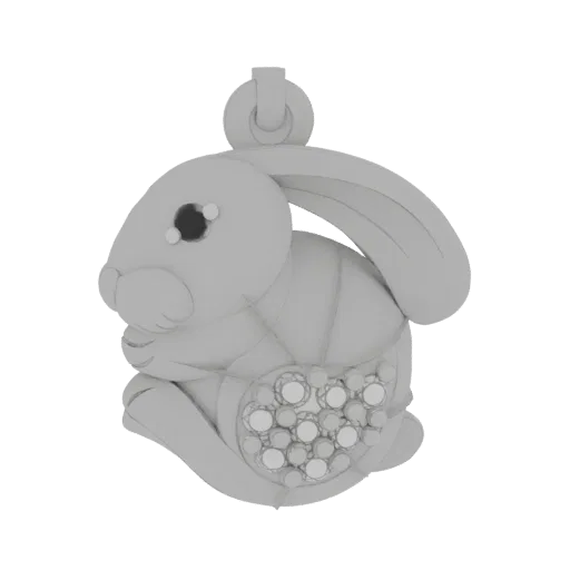 3D model of a grey bunny pendant with a loop at the top and sparkling gems embedded in its belly, set against a black backgro