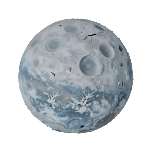 Modelo 3D realista Ice Moon, render de estúdio em três quartos, mostrando escala de corpo esférico e rochoso.