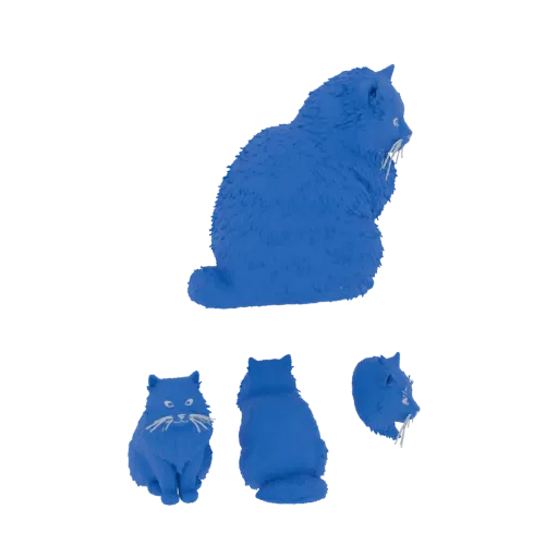 A 3D render of a fluffy blue cat figurine in a seated pose, with white whiskers.