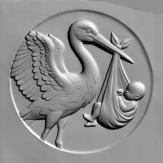 Modelo 3D de bajorrelieve de cigüeña portando un bebé en un fardo, realizado en estilo clásico.