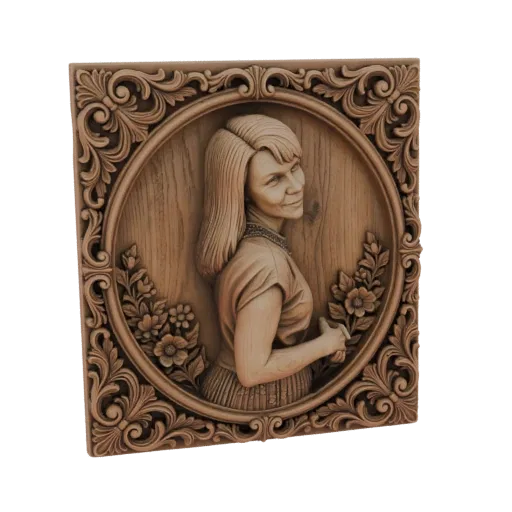 3D model of a carved wooden portrait relief of a woman with ornate floral frame, viewed from a slight angle.