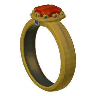 3D model of a gold ring with a large red stone and blue inlays, standing on a gray textured surface.