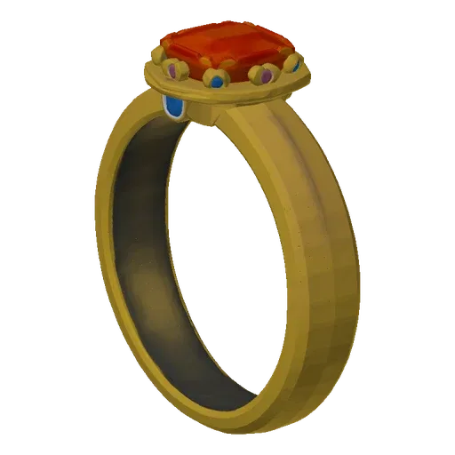 3D model of a gold ring with a large red stone and blue inlays, standing on a gray textured surface.