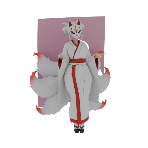 3D model of a Kitsune shrine maiden wearing a white kimono, red obi, and fox mask, with multiple white tails tipped in red.