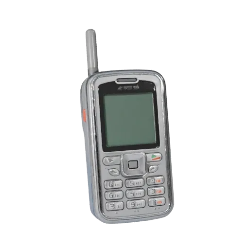 Retro Mobile Phone 3D model, three-quarter front view, AR viewer studio render, showing glass screens, key form detail.