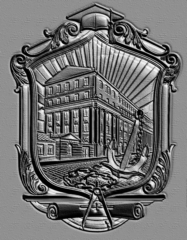 3D model of bas-relief depicting a building with columns, an anchor, and a graduation cap