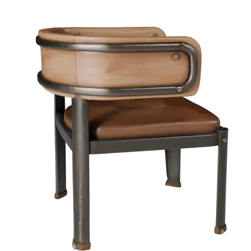 Industrial Dining Chair Stylized 3D model, dining room, stylized isometric render, wood detail.