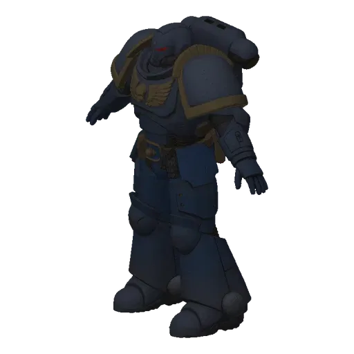3D model of a Space Marine in blue and gold power armor, standing in a neutral pose on a grey, textured surface.
