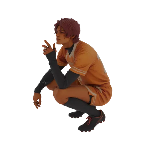 3D model of a male soccer player in an orange jersey, squatting with hands near face, looking to the side.