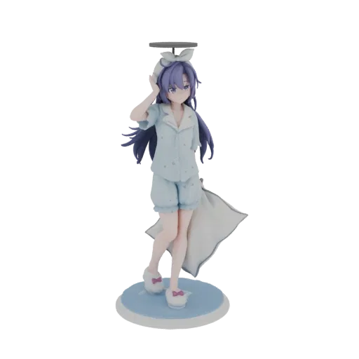 3D model of an anime girl in light blue pajamas, holding a pillow, with a halo accessory.