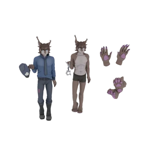 3D model of an anthropomorphic Lynx character in two outfits, with interchangeable hands, paws, handcuffs, and a hat.